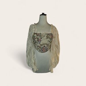 Floral Brocade Corset Top with Sheer Sleeves